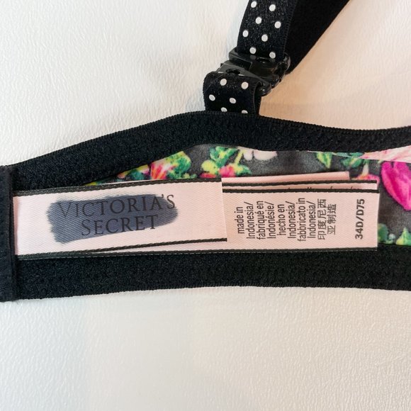 NWOT Victoria's Secret Bra 34D Push-Up Black Floral Polka Dot B982 - Picture 6 of 8